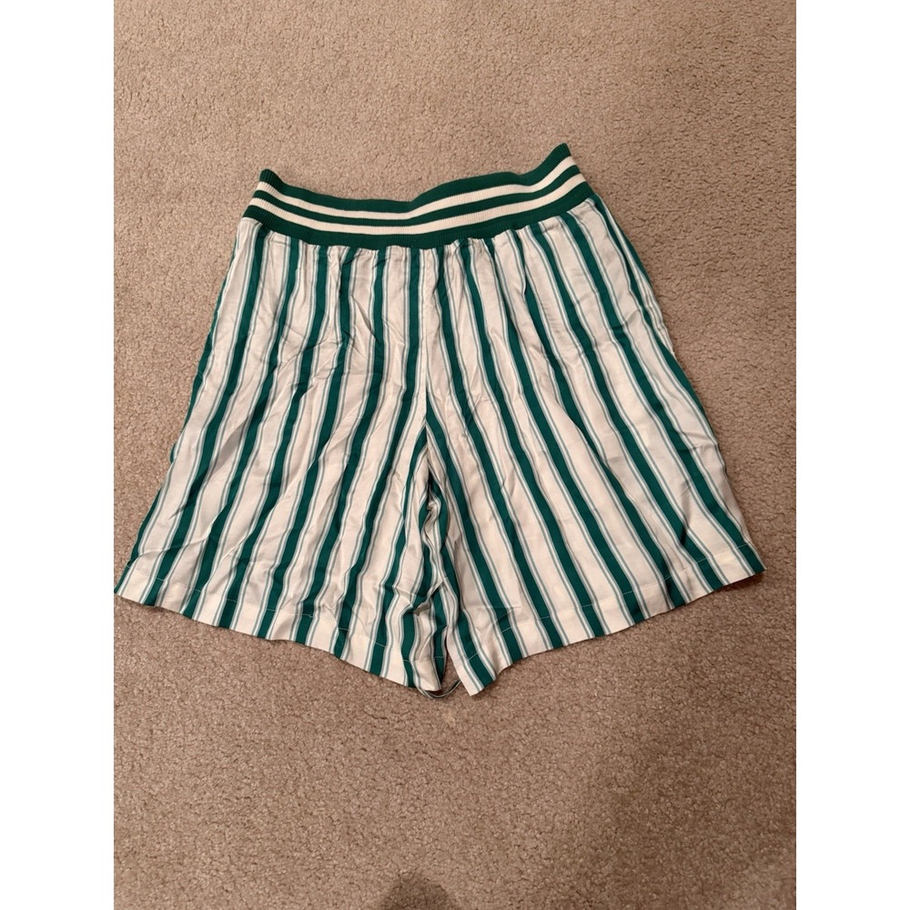 Anthropologie Silky Bermuda Boxer Shorts Green White Striped Drawstring Lounge S - Picture 2 of 3
